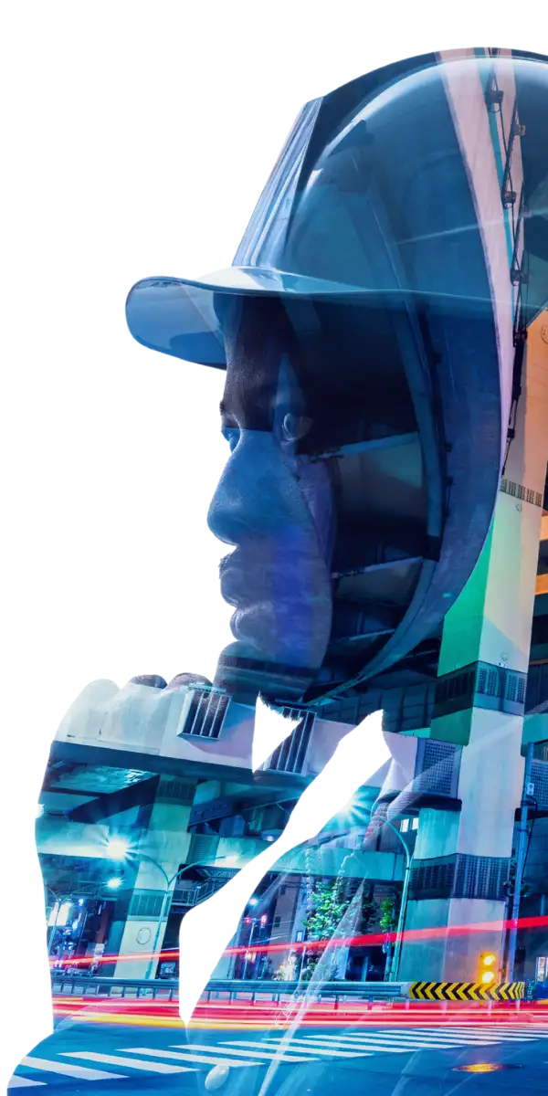 Design of mans face with a city in the background