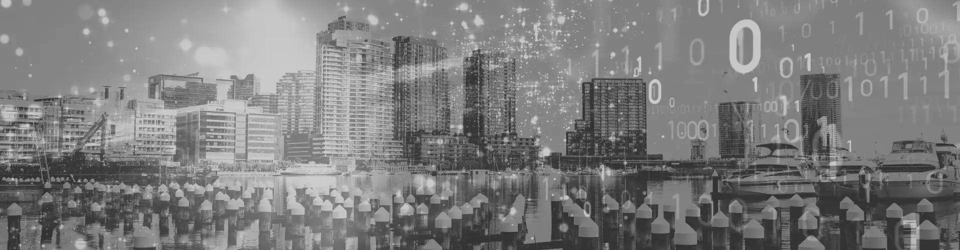 Programming code overlaying Melbourne cityscape