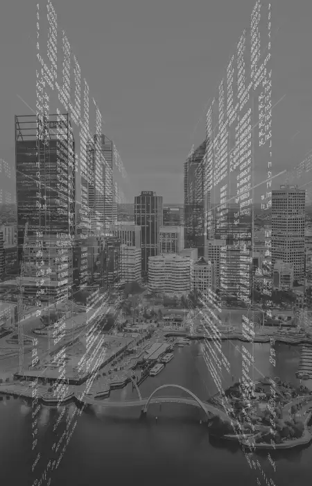 Programming code with Perth cityscape